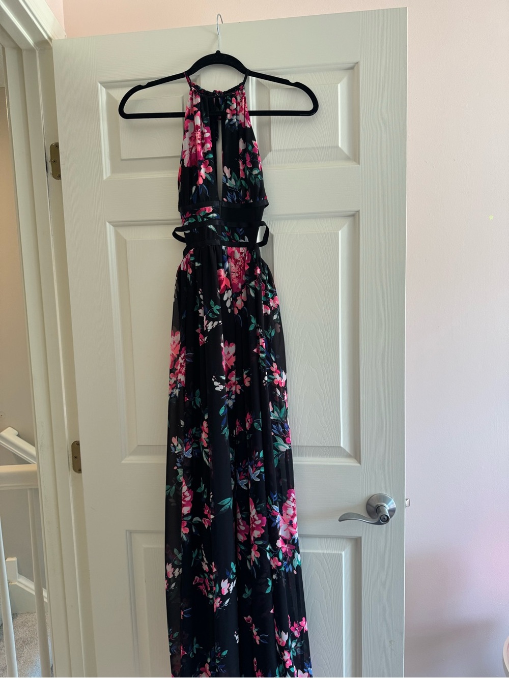 Express Black Maxi Dress with Pink Floral Print Cut-out sides